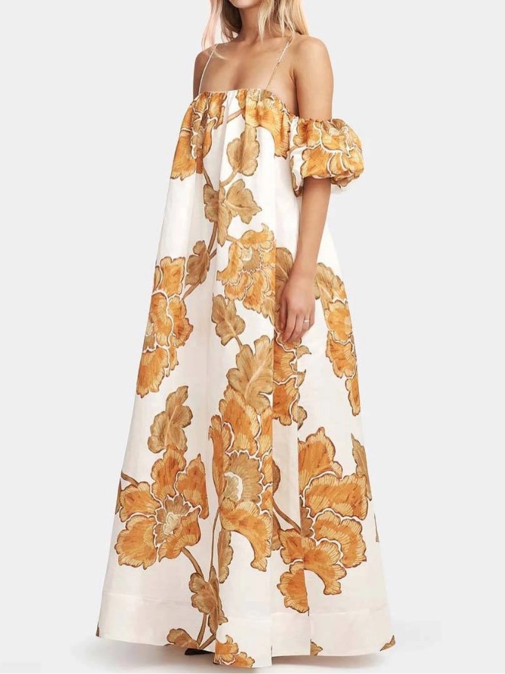 Off-Shoulder Floral Maxi Dress in Yellow-White